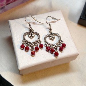 Artisan, heart shaped earrings in antique finish w/cranberry-pinkish beads